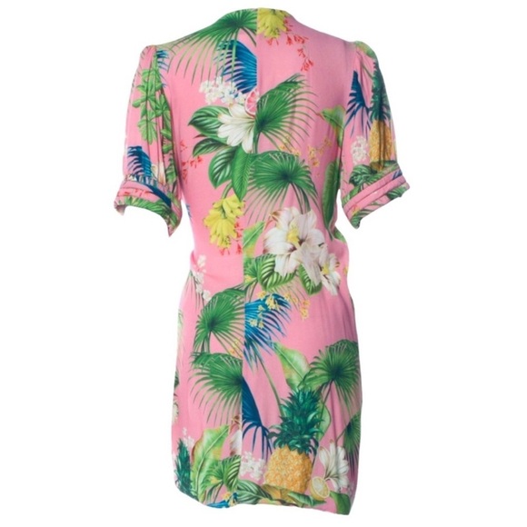 Farm Rio Pink Tropical Floral Wrap Dress Puff Sleeve Tie Waist Size M - Picture 3 of 12